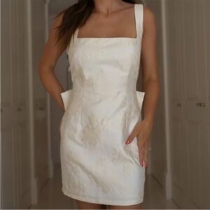 White Square-Neck Mini Dress with Subtle Jacquard - Women